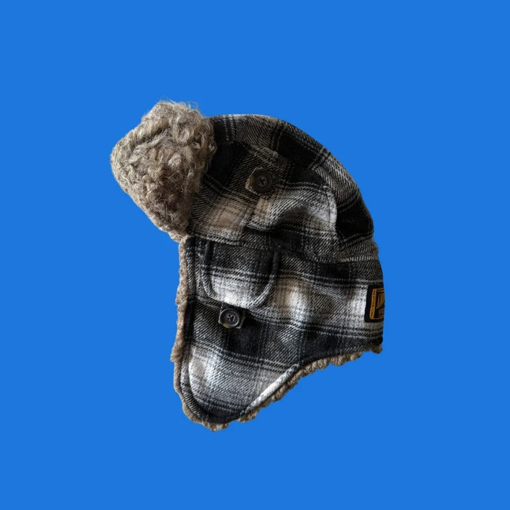 American Eagle Outfitters Plaid Trapper Hat Sherpa Lined Grey Black Wool Blend